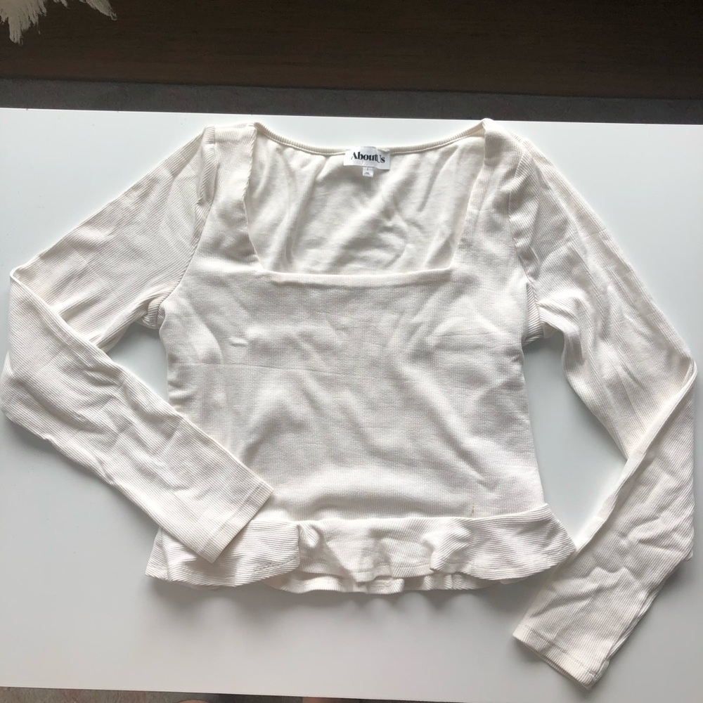 White Square Neck Blouse with Ruffle size: L